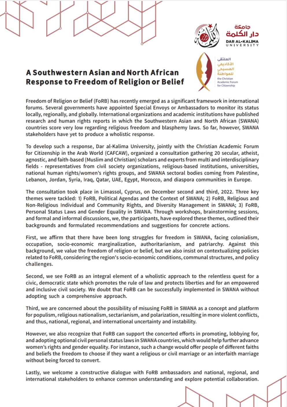 A Southwestern Asian and North African Response to Freedom of Religion or Belief – Statement & Position&nbsp;Paper