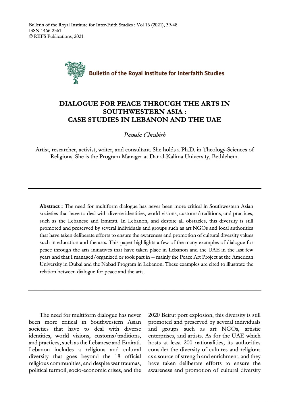 Dialogue for Peace through the Arts in Southwestern Asia: Case Studies in Lebanon and the&nbsp;UAE