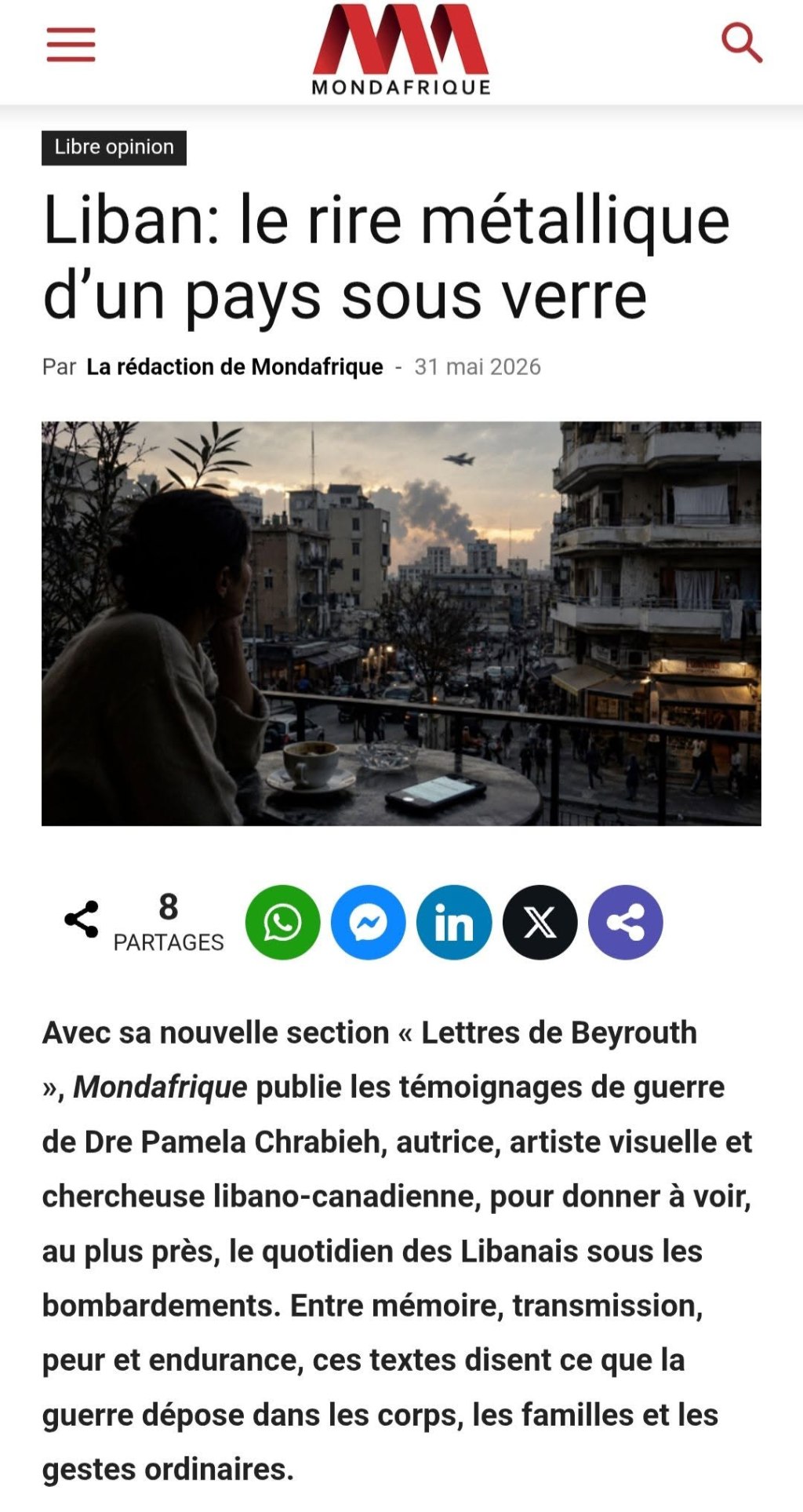 Liban: le rire métallique d’un pays sous verre – Dre Pamela Chrabieh dans&nbsp;Mondafrique